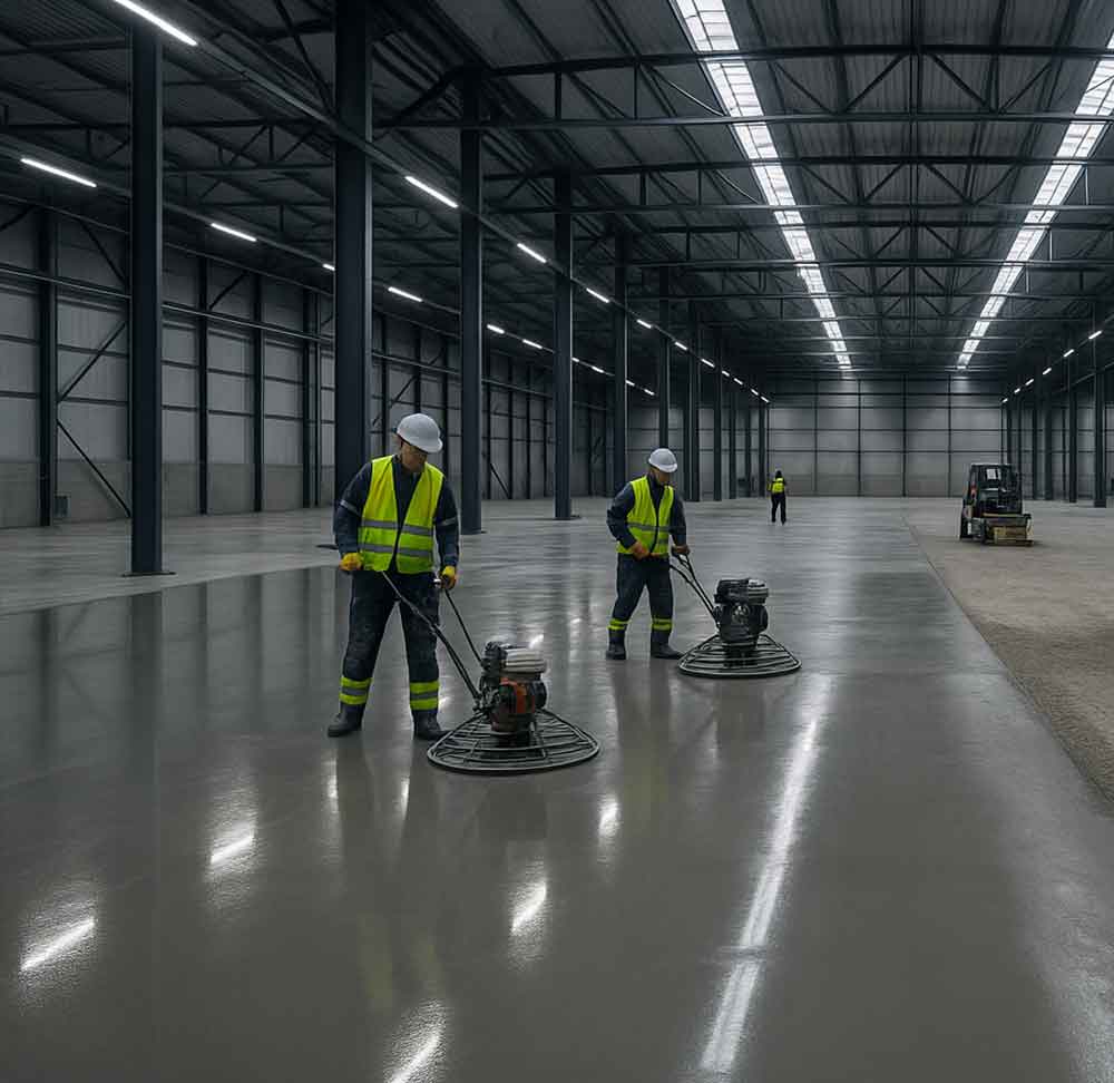 Ez a fotó egy modern ipari csarnokban zajló estrich beton kivitelezést mutat. A munkások fényvisszaverő mellényben, védősisakban dolgoznak simítógépekkel a frissen öntött betonfelületen. A háttérben látható a még előkészített, nyers padló, valamint a magas polcrendszerek és a targonca. A kép a professzionális ipari padlóépítés és a precíz kivitelezés hangulatát adja vissza.